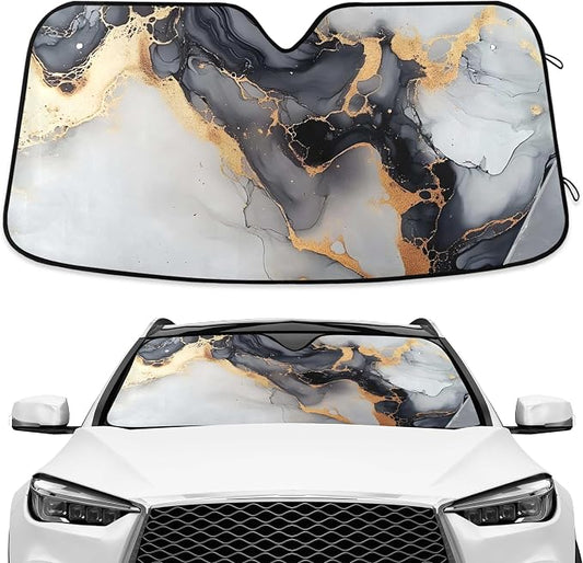 Black Marble White Gold Swirl Windshield Sunshade Car Sun Shade Front Window Shade for Truck SUV Blocks UV Rays Sun Reflector Visor Protector Accordion Folding