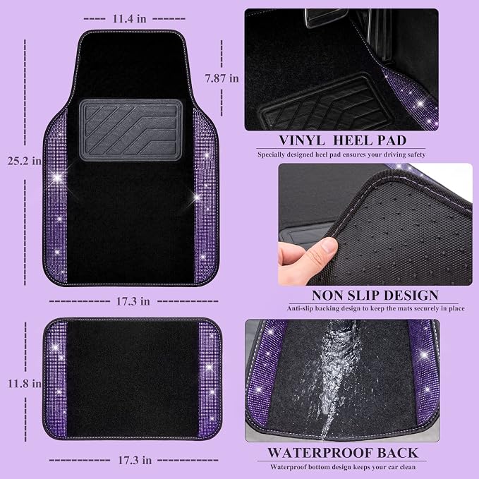 CAR PASS Bling Rhinestone Diamonds Car Seat Covers Leather Shining Rhinestone Car Floor mats Carpet with Anti-Slip Nibs Sparkly Car Accessories Sets Women Glitter Crystal Combo Set Violet Purple