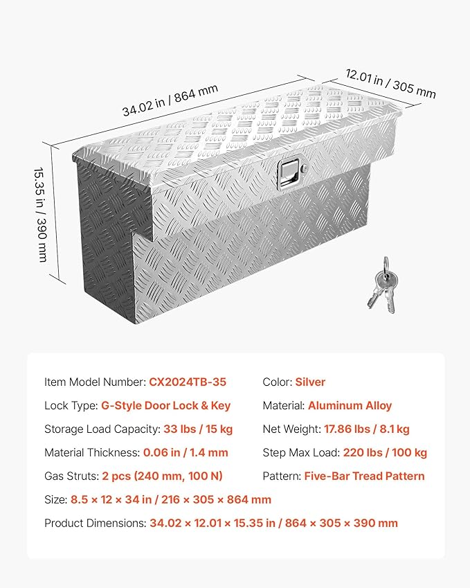 VEVOR Truck Bed Tool Box, Heavy Duty Aluminum Tool Box with Tread Patterns, Storage Toolbox Chest Organizer with Lock and Key, Ideal for Pickup, Truck Bed, RV, Trailer, 34 x 12 x 15.4 in, Silver
