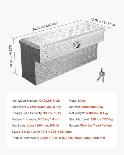 VEVOR Truck Bed Tool Box, Heavy Duty Aluminum Tool Box with Tread Patterns, Storage Toolbox Chest Organizer with Lock and Key, Ideal for Pickup, Truck Bed, RV, Trailer, 34 x 12 x 15.4 in, Silver