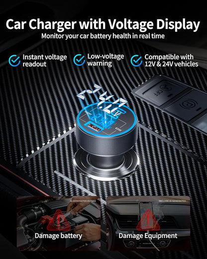 130W 3-Port USB C Super Fast Car Charger (with Voltage Display) for Samsung Galaxy S26/S25/ S24/S23/S22 Ultra/Z Fold/Flip, Android Phone, Type C Car Charger Adapter Accessories + 240W 3FT USB C Cable