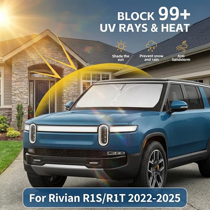 Windshield Sun Shade for Rivian R1S/R1T 2022-2024 2025 2026 Sunshade Front Window Shade Custom Fit R1S Accessories Sun Visor Foldable Shade Blocks UV Rays Accessories