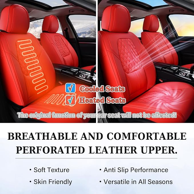 Coverado Car Seat Covers Full Set, Automotive Front and Rear Seat Covers with Backrest, Nappa Leather Car Seat Protectors Waterproof, Universal for Most Vehicles, Red