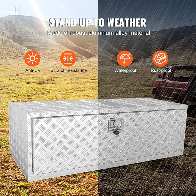 VEVOR Underbody Truck Box, 48"×24"×24" Pickup Storage Box, Heavy Duty Aluminum Diamond Plate Tool Box with Lock and Keys, Waterproof Trailer Storage Box with T-Handle Latch for Truck, Van, Trailer