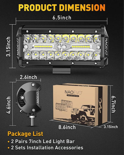 NAOEVO 7 Inch LED Light Bar, 480W 48,000LM LED Offroad Fog/Driving Lights with Spot Flood Combo Beam, Work for Truck Boat ATV UTV, 4 Pcs (White)