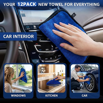 SMINDER 12-Pack Microfiber Cleaning Cloth, Car Drying Towels Car Detailing– XL Microfiber Towels for Cars, Trucks (15.7" x 15.7"), Ultra-Absorbent, Streak-Free, Scratch-Free, No Water Spots