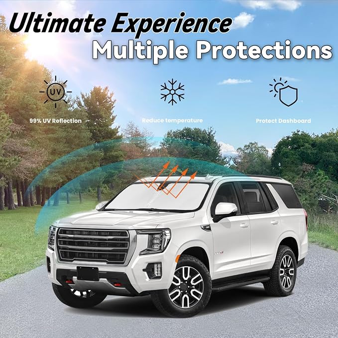 Windshield Sun Shade for 2021-2025 GMC Yukon (for Yukon Yukon XL Yukon Denali), Car Front Window Sunshade with 240T Sun Visor Protector Blocks UV Rays Heat Sun Shield Accessories