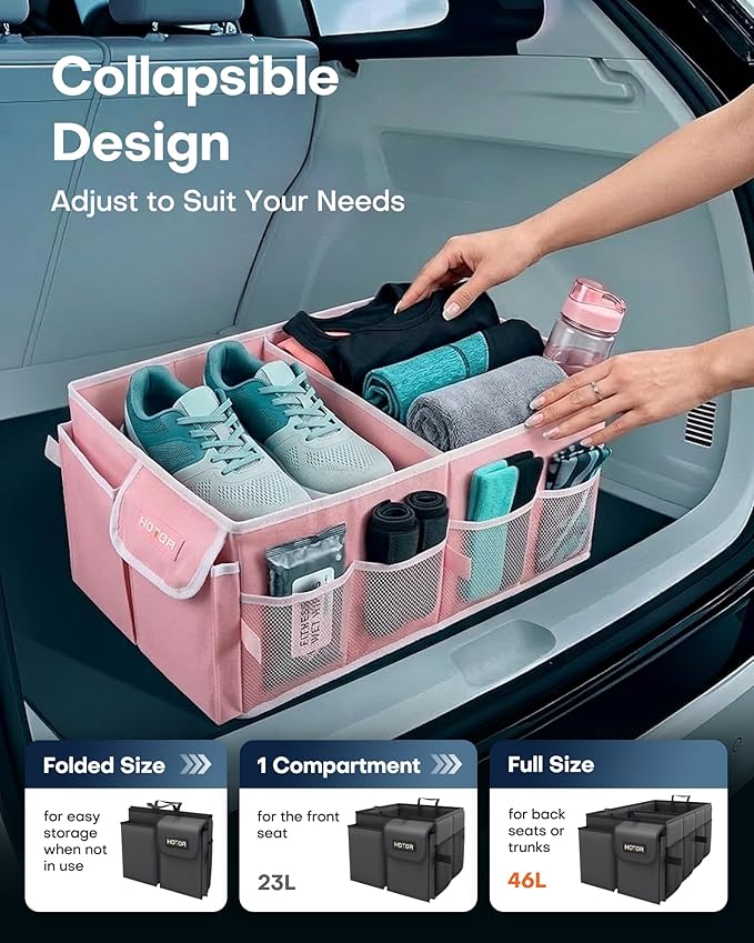 HOTOR Trunk Organizer for Car - Car Organizer, Foldable Trunk organizer for SUVs & Sedans, Sturdy Organization for Car Accessories, Tools, Sundries, Pink, 2 Compartments, 23.6"×14.2"×10.6"
