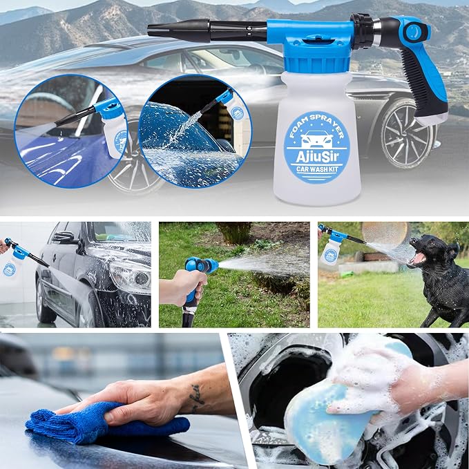 Foam Gun Car Wash Sprayer + Washing Sponge & Absorbent Towel, Hose Nozzle Foam Cannon Car Washing Kit, for Garden Cleaning, Pet Showering (Blue)