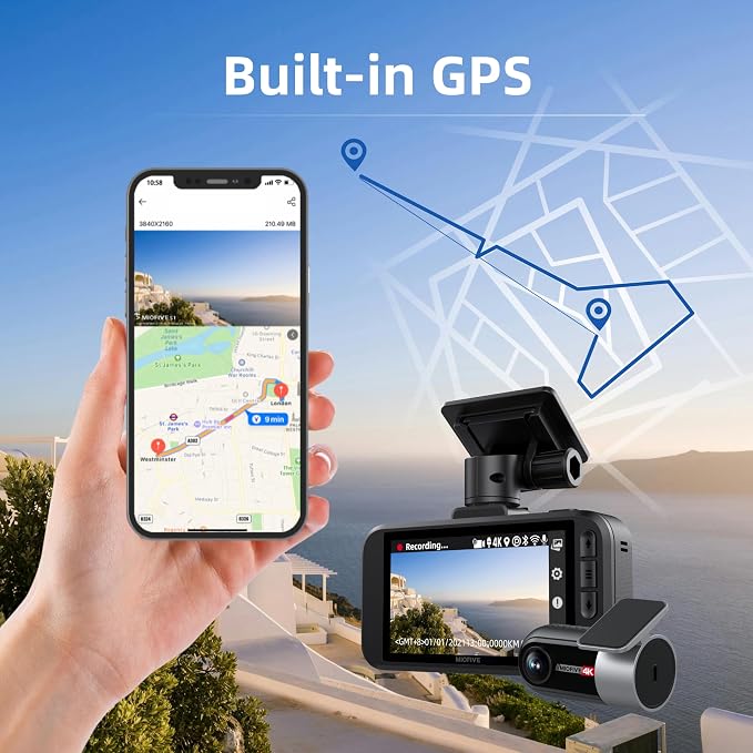 Dash Cam Front Rear, 4K Front + 4K Rear Full HD Dash Camera for Cars Built-in Wi-Fi Bluetooth GPS with 64GB SD Card, 3.0” IPS Screen with App Control, G-Sensor, HDR, Night Vision, 24H Parking Mode