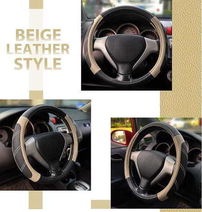 Elantrip Steering Wheel Cover Leather 15 1/2 to 16 inch Universal Large Soft Grip Breathable for Car Truck SUV Jeep Anti Slip Beige
