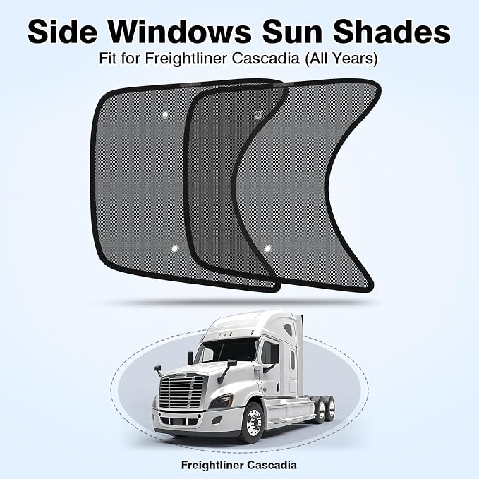 KUST Semi-Truck Side Window Sun Shade - Fits Freightliner Cascadia (All Years) - UV Block & Heat Reduction - with Suction Cup -Mesh Side Window Shades for Long-Haul Drivers