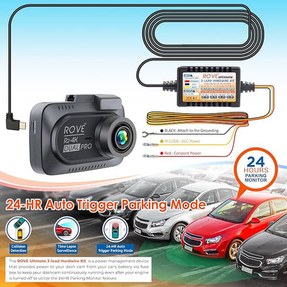 ROVE Ultimate Dash Cam Hardwire Kit with USB-C Port for R2-4K, R2-4K PRO, R2-4K Dual, R2-4K Dual PRO, and R3 Dash Camera Models, 24Hr Parking Monitoring Kit with Low Voltage Protection