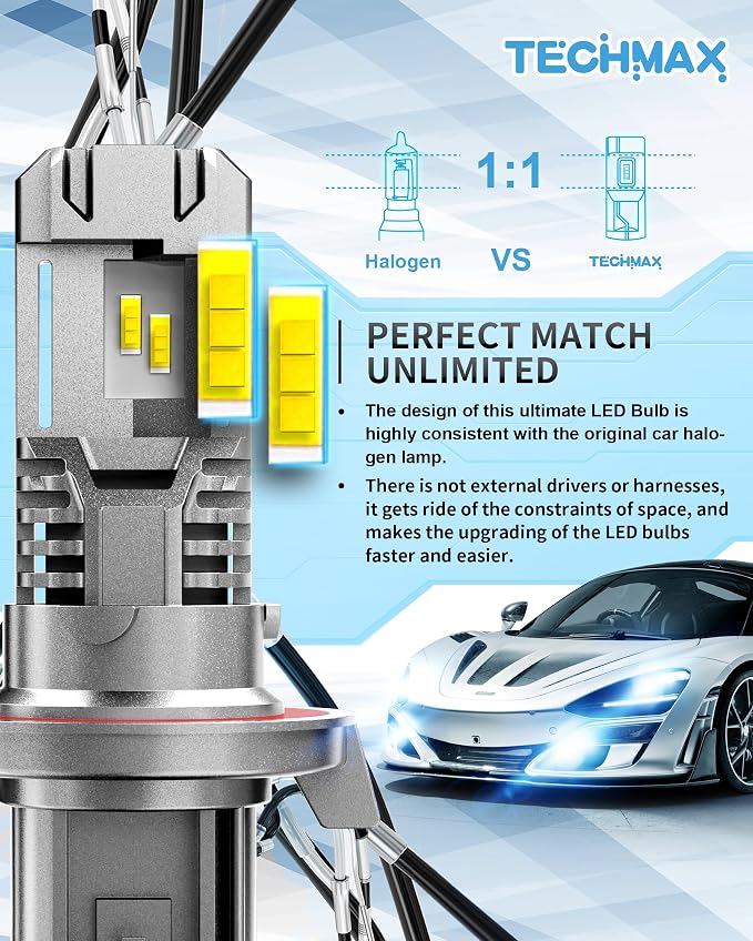 TECHMAX H13 Bulbs, H13/9008 Fog Light +400% Brighter 6500K Fanless Plug and Play Direct Insertion Compatible with Ram1500/2500/3500 Camaro E150 E250 E350 F150 F250 F350 Gladiator Wrangler, Pack of 2