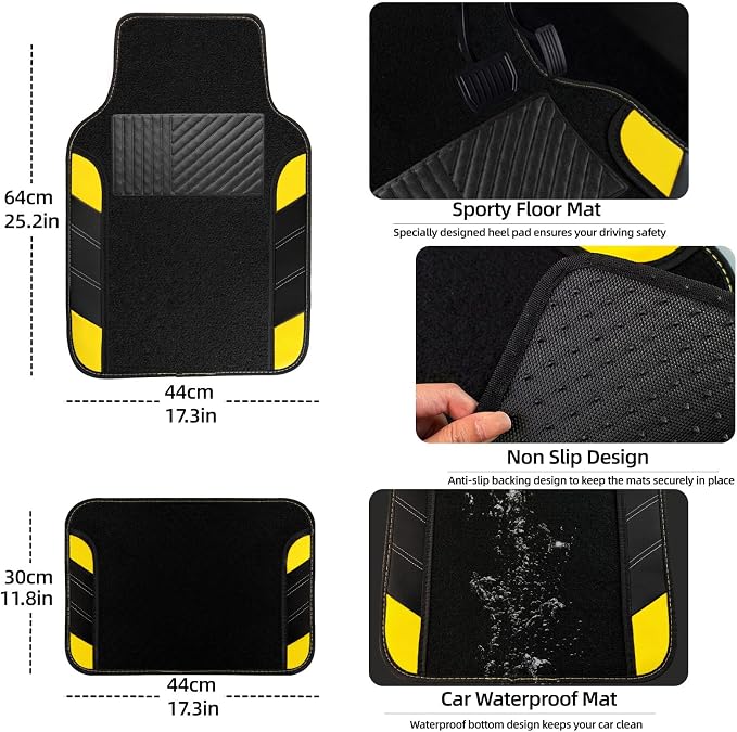 NBTEPEM 10 Pcs Car Floor Mats Full Set & Sport Leather Steering Wheel Cover 14.5-15 inch, Center Console Cover, Seat Belt Cushion, Cup Holder Coaster, Universal Automobile Interior Sets (Yellow)