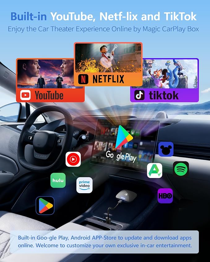 2026 Magic Box 3.0 CarPlay Android Auto & Wireless Carplay Adapter Dual WiFi + 4G Split-Screen & Cast Screen Supports Play-Store Dowanlaod Any App for OEM Wired Car Play