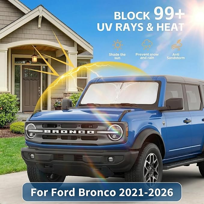 Windshield Sun Shade for Ford Bronco 2021-2024 2025 2026 Front Window Shade Custom Fit Bronco Accessories Sun Visor Foldable Shade Blocks UV Rays Summer Must Have Car Accessories