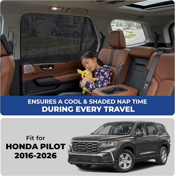 EcoNour Car Window Screen for Honda Pilot (2016-2026) 2 Pack | Breathable Mesh Camping Window Covers | 100% Protection from Bugs, Mosquito & UV | Baby Safe Privacy Blackout Net | Car Accessories