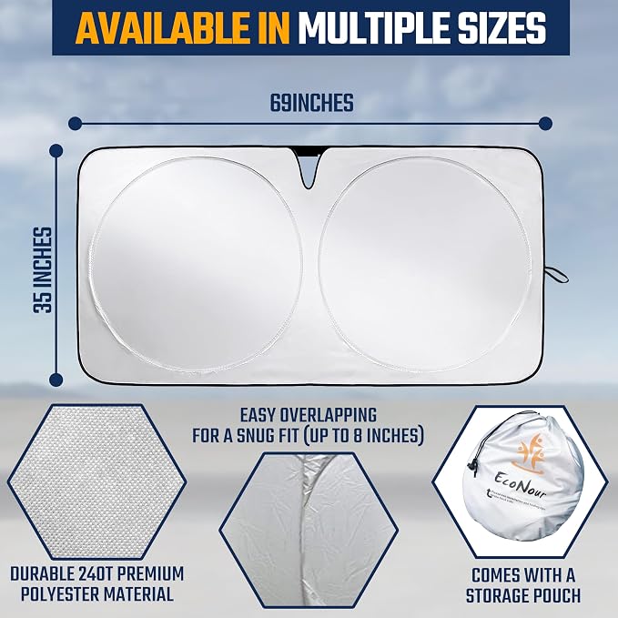 Econour Reflective 240T Truck Windshield Sunshade, Upgraded Heat and UV Protection Sun Shield, Foldable Truck Window Cover Sun Visor with Storage Pouch, Truck Accessories for Interior Cooling