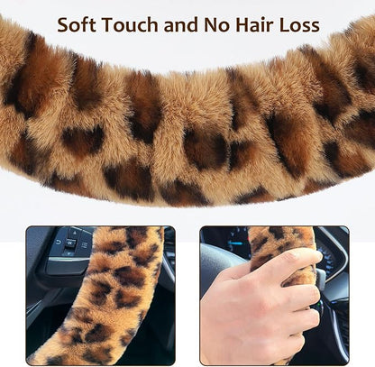 Accmor Fuzzy Car Steering Wheel Cover, Universal Fit Fur Auto Wheel Cover & Handbrake Cover & Gear Shift Cover Set, Anti-Slip Leopard Warm Fluffy Vehicle Wheel Protector Car Accessories for Men Women