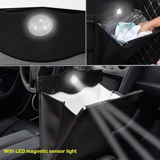 Car Trash Bin w/50pcs Trash Bag Smart LED Luxury Leather Garbage Can Folding Garbage Bin Waterproof Car Rubbish Bag Car Interior Garbage Can Office Toilet Trash Bin for Universal Vehicle-LARGE