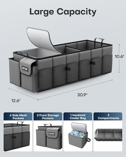 HOTOR Trunk Organizer, Sturdy Foldable with Cooler for Car & SUV, 3 Compartments, Grey, 30.90”×12.60”×10.63”