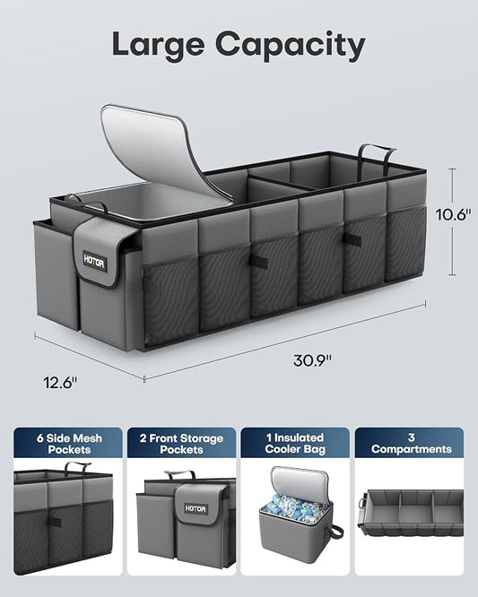 HOTOR Trunk Organizer, Sturdy Foldable with Cooler for Car & SUV, 3 Compartments, Grey, 30.90”×12.60”×10.63”