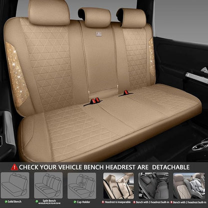 CAR PASS Beige Oxford Bling Diamond Car Seat Covers Full Set Interior Sets, Waterproof Shining Glitter Sparkly Crystal Universal Armrest Fit 95% Automotive Truck SUV Cute Women Girl, Beige Rhinestone
