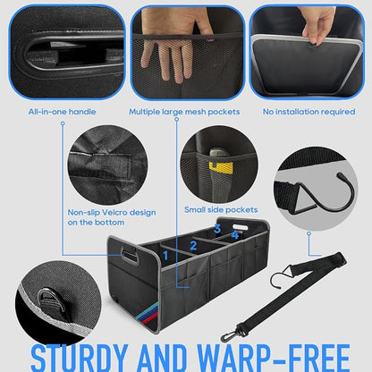 XL Car Trunk Organizer, 4 Compartments, 94L Capacity, Oxford Polyester 600D Material, Easy Fold and Store, Prevents Sliding | Rugged & waterproof large storage box. Features 94L capacity, 6 large mesh pockets & non-slip base for SUV, garage, camping