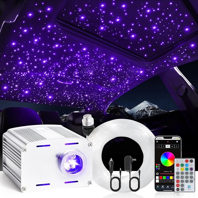 Fiber Optic Car Starlight Headliner Kit, Twinkle & Sound Activated RGBW 16W 200pcs*0.03in*6.5ft Fiber Strands Car Star Roof Lights with APP& Remote Controlled, Ceiling Star Lights for Home/Car Decor