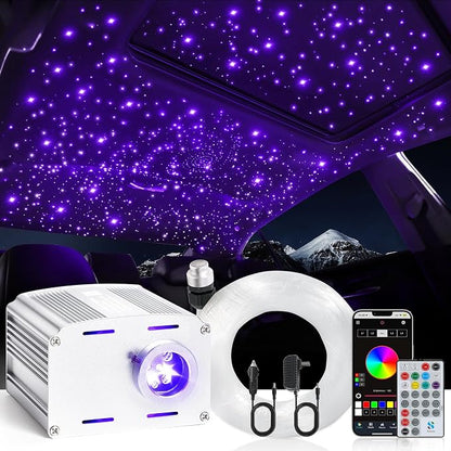 Fiber Optic Car Starlight Headliner Kit, Twinkle & Sound Activated RGBW 16W 200pcs*0.03in*6.5ft Fiber Strands Car Star Roof Lights with APP& Remote Controlled, Ceiling Star Lights for Home/Car Decor