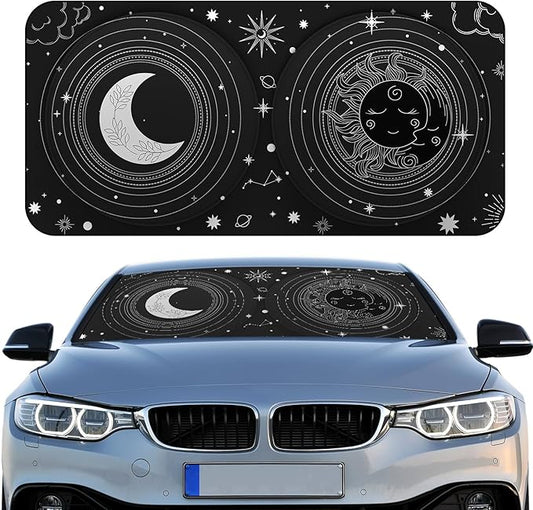 Windshield Sun Shade Foldable Car Front Window Covers for Car Accessories Sun Heat UV Rays Visor Protector Protection for Universal Cars SUV Truck (Sun Moon)