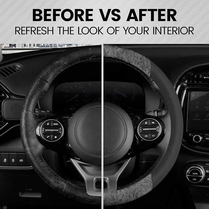 BDK BurlwoodLux Wood Grain and PU Leather Gray Steering Wheel Cover - Sport Grip for Car Auto SUV Trucks