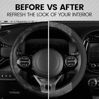 BDK BurlwoodLux Wood Grain and PU Leather Gray Steering Wheel Cover - Sport Grip for Car Auto SUV Trucks