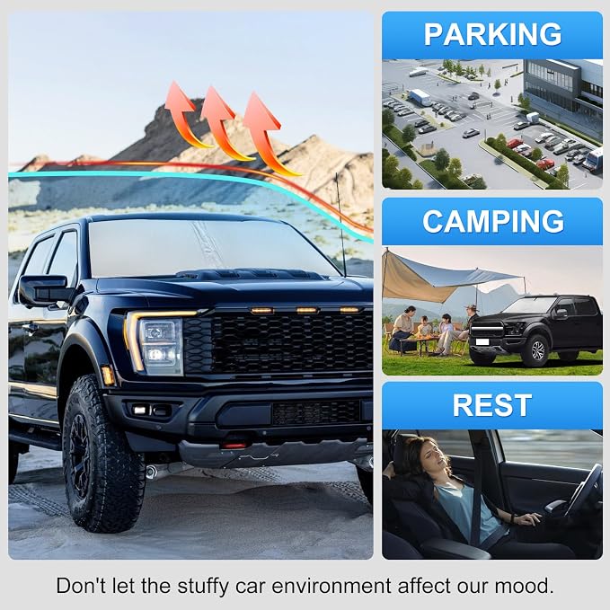 Custom Fit Windshield Sun Shade for Ford F150 F250 F350 2021-2026 | Custom Fit Windshield Cover, Blocks UV Rays, Double-Layer Heat Shield, Durable Frame, Easy Storage