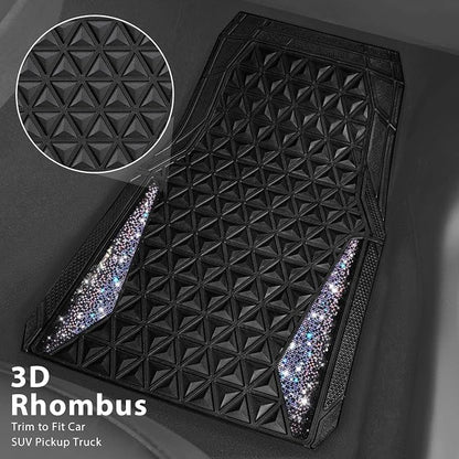 CAR PASS Dazzle Colour Change Car Mats Diamond Floor Mats Full Set Anti-Slip 3D Rhombus Waterproof Universal Trim Fit Liner Glitter Crystal Sparkly Shining Rhinestone Girl Women SUV Sedan Van Colorful