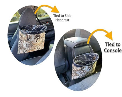 Car Trash Can Beige, Small, 0.7L, Plastic, Square, Open-Top, Reusable Waterproof Liner, 5 Disposable Bags, Hangs Front, Back Seat, Headrest, Console - Cute Beige Car Garbage Holder