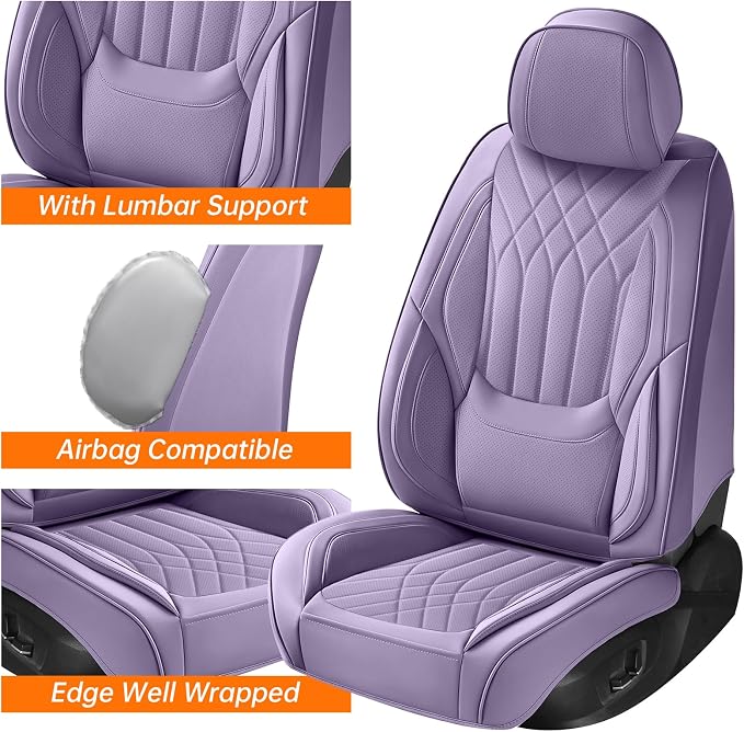 Purple Car Seat Covers Front Seats, Luxury Leather Purple Seat Covers with Lumbar Support, Waterproof Car Front Seat Protector Universal Fit for Most Cars Trucks Pick-ups SUVs