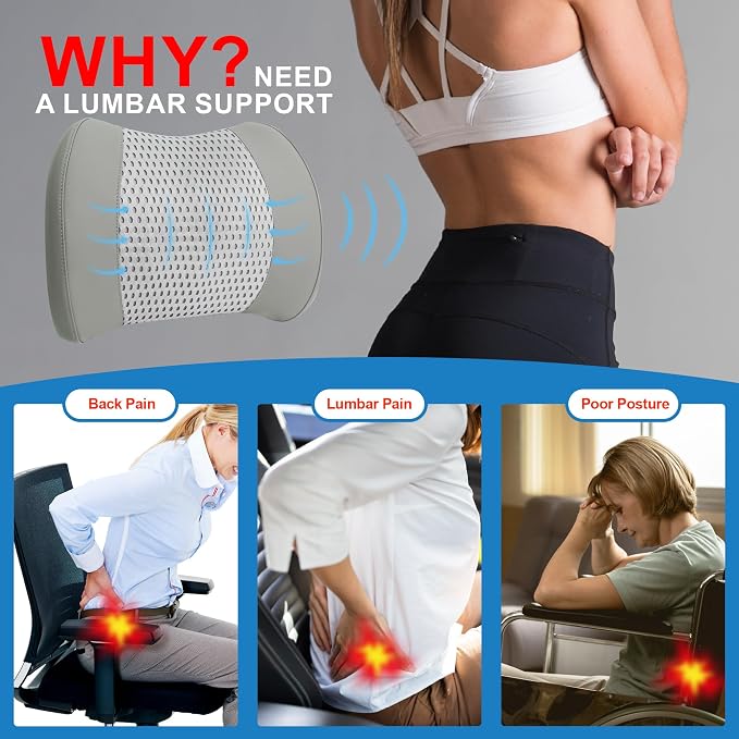 Lofty Aim Memory Foam Lumbar Support Cushion Relieves Lower Back Pain for Car, Office Chair, and Wheelchair Use, 4D Mesh Cover, Gray