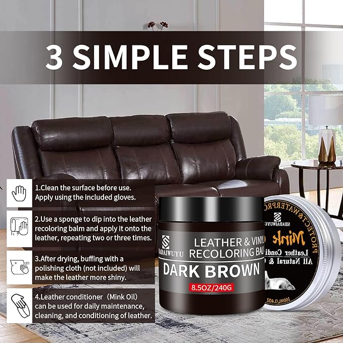 SHADAIWUYU 8.5oz Leather Recoloring Balm with 100ml Mink Oil,Dark Brown Leather Repair kit for Furniture and Car Interior,Leather Couch Scratch Repair,Leather Dye Paint,Mink Oil for Leather