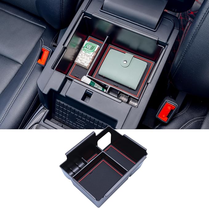TOPINSTALL 2020-2026 Ford Explorer Console Organizer Tray - Compatible with 2020-2026 Ford Explorer Deep Armrest Storage Box with Coin Holder & Non-Slip Mats, Red Interior 6th Gen Explorer Accessories