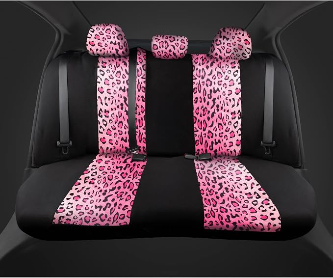 carXS Leopard Print Car Seat Covers Full Set, Includes Matching Seat Belt Pads and Steering Wheel Cover, Two-Tone Cheetah Hot Pink Seat Covers for Women, Car Seat Protector Interior Covers