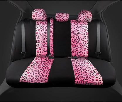 carXS Leopard Print Car Seat Covers Full Set, Includes Matching Seat Belt Pads and Steering Wheel Cover, Two-Tone Cheetah Hot Pink Seat Covers for Women, Car Seat Protector Interior Covers
