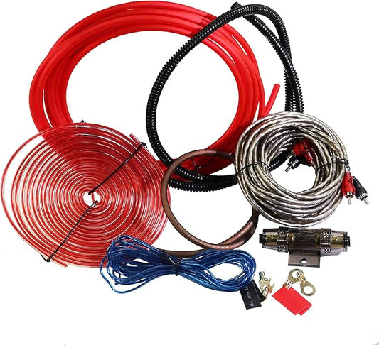 8 Gauge 800W High-Performance Complete Amplifier Wiring Kit - with 60A AGU Fuse Holder, 17Ft Power/Ground Wire, Blue RCA & Speaker Cables | for Professional Car Audio Safe Installation