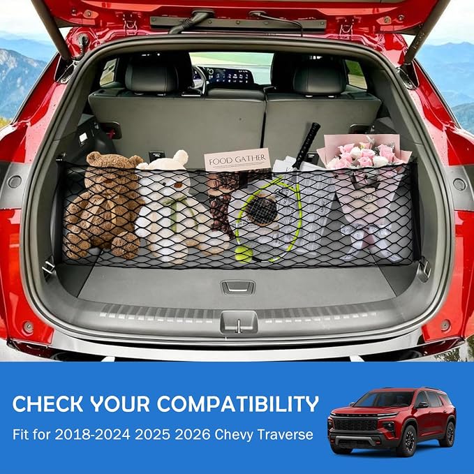 Envelope Style Cargo Net for 2018-2025 2026 Chevy Traverse Accessories, Rear Trunk SUV Mesh Cargo Net, Upgraded 5mm Bungee & Double-Layer Nylon Storage Tailgate Netting Grocery&Tools Holder Organizer