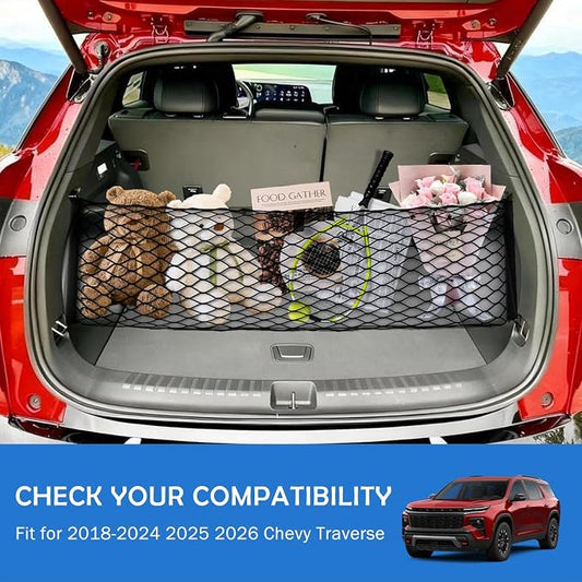 Envelope Style Cargo Net for 2018-2025 2026 Chevy Traverse Accessories, Rear Trunk SUV Mesh Cargo Net, Upgraded 5mm Bungee & Double-Layer Nylon Storage Tailgate Netting Grocery&Tools Holder Organizer