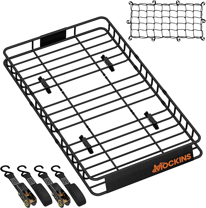 Mockins 50"x36"x4.5" Extendable Car & SUV Rooftop Cargo Carrier 250Lbs Cap | Heavy Duty Roof Rack Basket | Car Topper Luggage Carrier Waterproof & All-Weather Steel Set with Ratchet Straps & Cargo Net