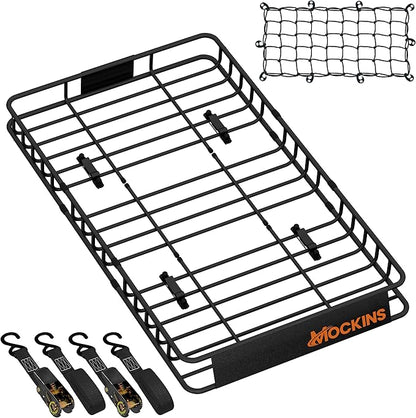 Mockins 50"x36"x4.5" Extendable Car & SUV Rooftop Cargo Carrier 250Lbs Cap | Heavy Duty Roof Rack Basket | Car Topper Luggage Carrier Waterproof & All-Weather Steel Set with Ratchet Straps & Cargo Net