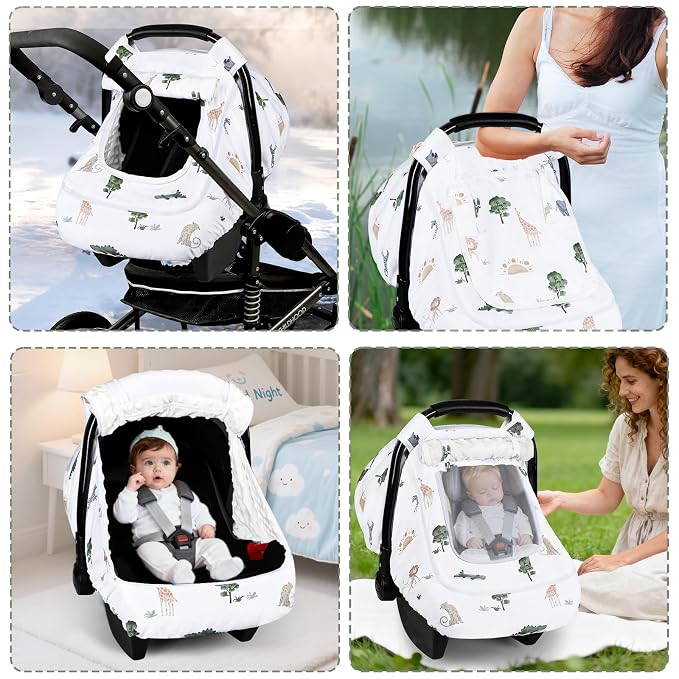 Winter Car Seat Cover Baby with Sunshade & Dual Zipper Windows - Minky Bubble Lined Windproof Soft Shell, Warm Newborn Car Seat Canopy Covers, Elastic Bottom for Stroller & Infant Car Seat, Animal