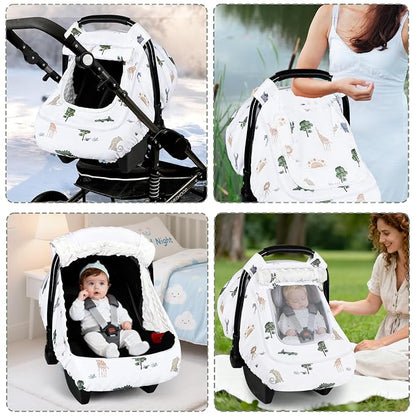 Winter Car Seat Cover Baby with Sunshade & Dual Zipper Windows - Minky Bubble Lined Windproof Soft Shell, Warm Newborn Car Seat Canopy Covers, Elastic Bottom for Stroller & Infant Car Seat, Animal